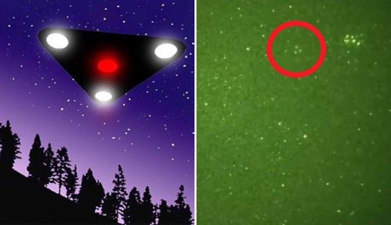 Trojuholníkový UFO zbadajúci na nočnej oblohe nad Spojenými štátmi