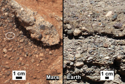 Posteľ vyschnutého prúdu na Marse (vľavo) a na Zemi (vpravo) NASA / JPL-Caltech